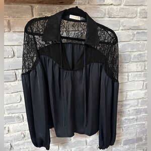 Ramy Brook Black Lace Yoke Long-Sleeve Blouse